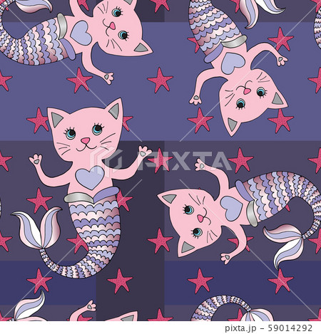 Cat mermaid vector seamless pattern. Hand drawn abstract cartoon background. Swimming cute 59014292