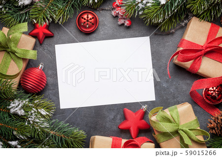 Christmas card with decorated fir tree and gifts Christmas card with decorated fir tree and gifts 59015266