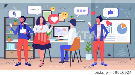 businesspeople discussing during meeting social media network chat bubble communication concept mix 59016924
