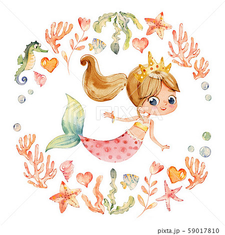 Mermaid Watercolor Surrounded by Frame of sea elements, Sea Horse, corals, bubbles, seashells Mermaid Watercolor Surrounded by Frame of sea elements, Sea Horse, corals, bubbles, seashells 59017810