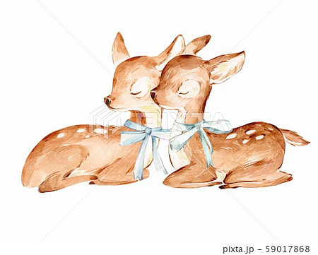 Couple Watercolor Baby Deers over white. Sleeping Baby Deers with the blue ribbons. Isolated. Couple Watercolor Baby Deers over white. Sleeping Baby Deers with the blue ribbons. Isolated. 59017868
