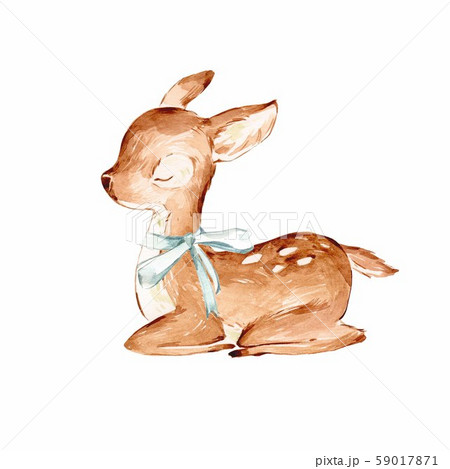 Closed Eyes Watercolor Baby Deer over white.のイラスト
