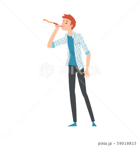 Smiling Guy Blowing Party Horn, Happy Man Celebrating Event Vector Illustration Smiling Guy Blowing Party Horn, Happy Man Celebrating Event Vector Illustration 59018815