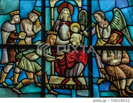 Colorful stained glass window inside gothic chapel in Amsterdam Colorful stained glass window inside gothic chapel in Amsterdam 59019032