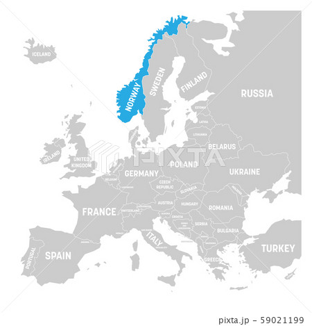 Norway marked by blue in grey political map of Europe. Vector illustration Norway marked by blue in grey political map of Europe. Vector illustration 59021199