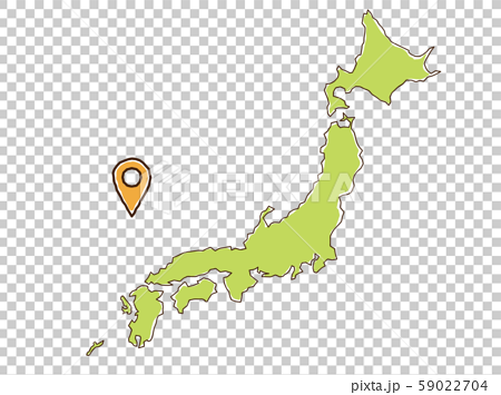 手描き風のゆるい日本地図と位置アイコンのイラスト素材