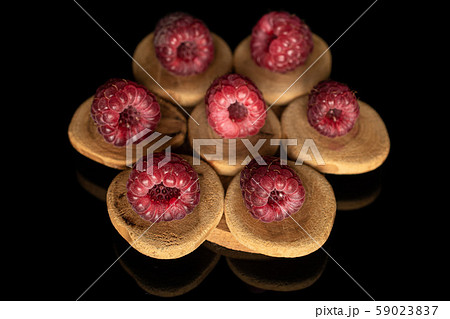 Fresh crimson raspberry isolated on black glass 59023837