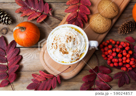Pumpkin spice latte mug with whipped cream, top Pumpkin spice latte mug with whipped cream, top 59024857