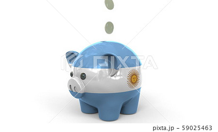 Coins fall into piggy bank painted with flag of Argentina. National banking system or savings Coins fall into piggy bank painted with flag of Argentina. National banking system or savings 59025463