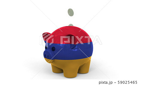 Coins fall into piggy bank painted with flag of Armenia. National banking system or savings related Coins fall into piggy bank painted with flag of Armenia. National banking system or savings related 59025465