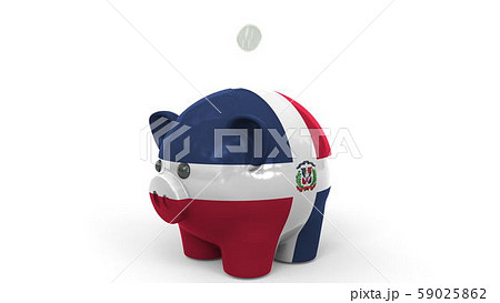 Coins fall into piggy bank painted with flag of the Dominican Republic. National banking system or Coins fall into piggy bank painted with flag of the Dominican Republic. National banking system or 59025862