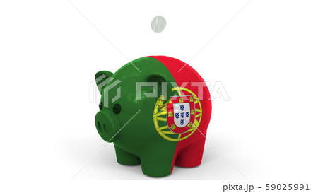 Coins fall into piggy bank painted with flag of Portugal. National banking system or savings related 59025991