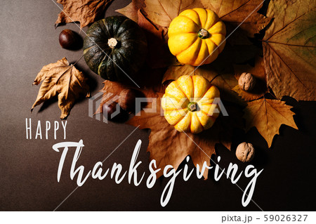 Happy Thanksgiving Day with pumpkin and maple leaves Happy Thanksgiving Day with pumpkin and maple leaves 59026327