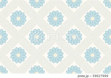 水色の花と渦巻きの和柄背景パターンのイラスト素材 水色の花と渦巻きの和柄背景パターンのイラスト素材