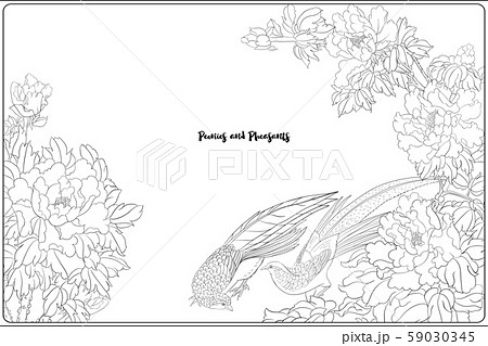 Peony tree branch with flowers with pheasants 59030345