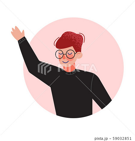 Teenage Boy in Glasses Looking Out of Round Frame, Child Waving His Hand in Circle Window Hole 59032851