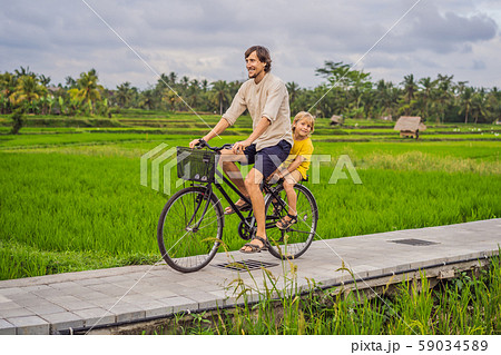 Father and son ride a bicycle on a rice field in Ubud, Bali. Travel to Bali with kids concept 59034589