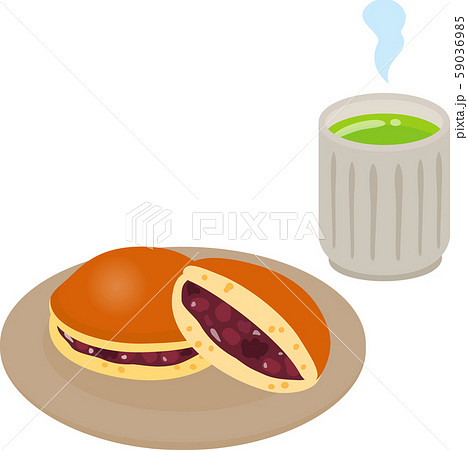 皿に乗ったどら焼きと緑茶	 59036985