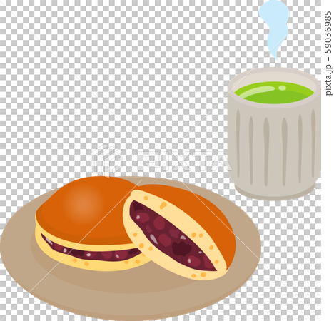 皿に乗ったどら焼きと緑茶	 59036985