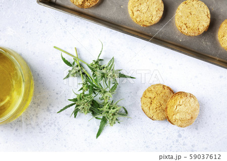 Cannabis butter cookies with marijuana buds and cannaoil, homemade healthy biscuits, shot from the Cannabis butter cookies with marijuana buds and cannaoil, homemade healthy biscuits, shot from the 59037612