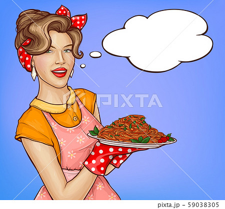 Pop Art Woman Holding Tray With Pasta And Sauceのイラスト素材