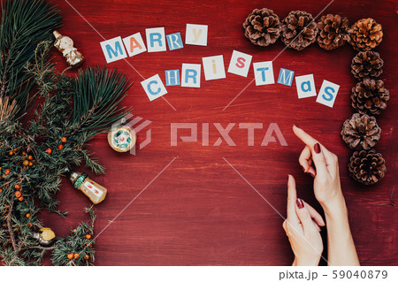 women's hands Christmas new year tree decoration holiday gifts background winter 59040879