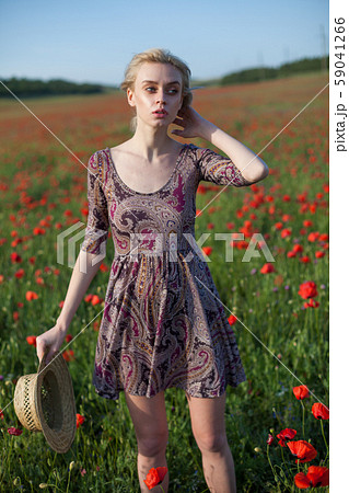 portrait of a fashionable woman in a dress in a field of red poppies 59041266