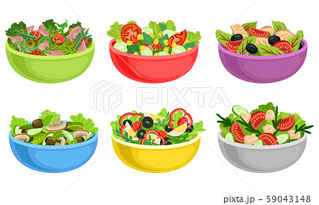Fruit and Vegetable Salad Served in Bowls Vector Set 59043148
