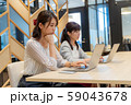 パソコンに向かって不満気に作業をする二人の若い女性 59043678