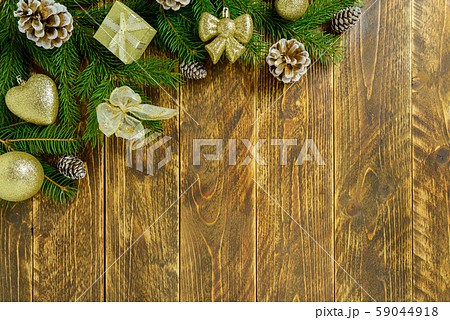 Christmas decorations, golden color balls and pine Christmas decorations, golden color balls and pine 59044918