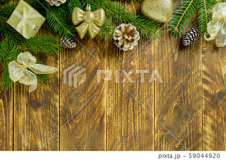 Christmas decorations, golden color balls and pine 59044920