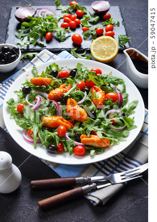 close-up of arugula crab clamps salad, top view 59047415