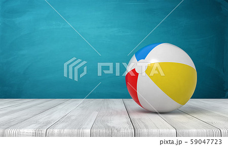3d rendering of striped beach ball on wooden surface near blue wall. 59047723
