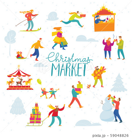 Vector Christmas winter design for holiday market with shopping and active people 59048826