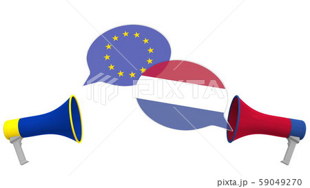 Flags of Netherlands and the European Union on speech bubbles with loudspeakers. Intercultural 59049270