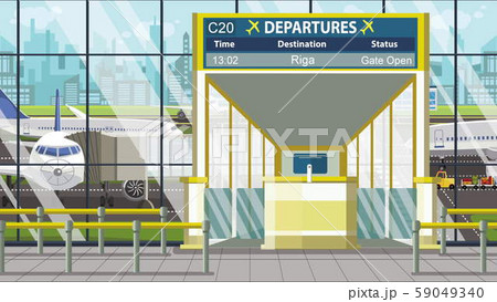 Airport terminal. Departure board above the gate with Riga text. Travel to Latvia cartoon 59049340
