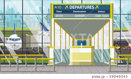 Departure board in the airport terminal with Jeddah caption. Travel to Saudi arabia cartoon 59049343