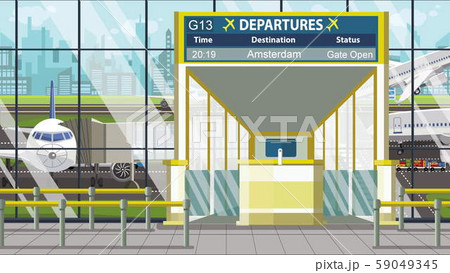 Flight to Amsterdam on airport departure board. Trip to Netherlands cartoon illustration Flight to Amsterdam on airport departure board. Trip to Netherlands cartoon illustration 59049345