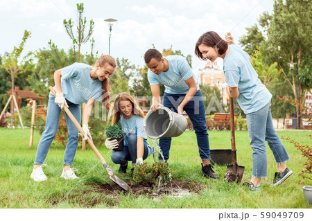 Volunteering. Young people volunteers outdoors planting trees together pouring water on ground Volunteering. Young people volunteers outdoors planting trees together pouring water on ground 59049709