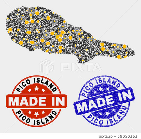 Mosaic Pico Island Map of Technology Items and Made In Grunge Stamp 59050363