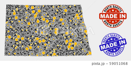Mosaic North Dakota State Map of Industry Elements and Made In Grunge Seal 59051068