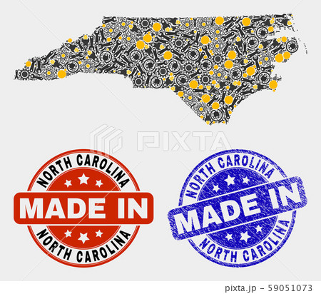 Mosaic North Carolina State Map of Workshop Elements and Made In Grunge Seal 59051073