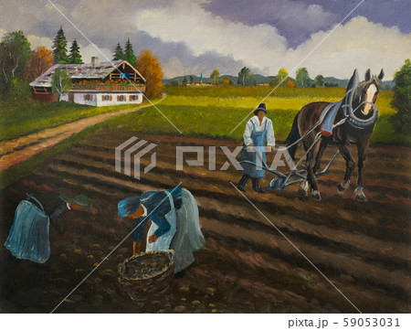 Farmer with horse at work in a field Farmer with horse at work in a field 59053031
