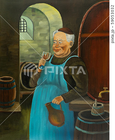 A Franciscan drinks a glass of wine in the cellar 59053032