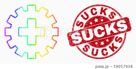 Vector Rainbow Colored Dotted Plus Gear Icon and Grunge Sucks Stamp Seal 59057938