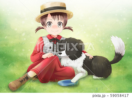 女の子と犬が芝生の上に座っているイラストのイラスト素材