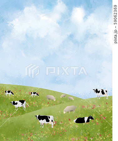 牛 牛 牧草 北海道 酪農 農業 放牧 草 水彩 青空 放牧のイラスト素材