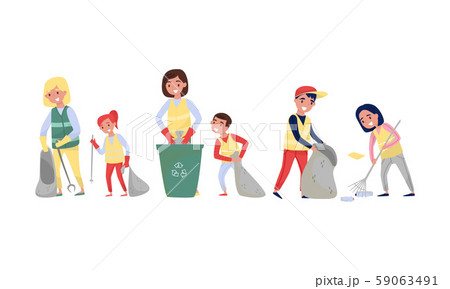 Adults and children clean up the trash. Vector illustration. Adults and children clean up the trash. Vector illustration. 59063491