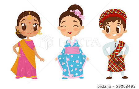 Big Eyed Kids Characters Wearing Traditional Costumes Vector Set 59063495