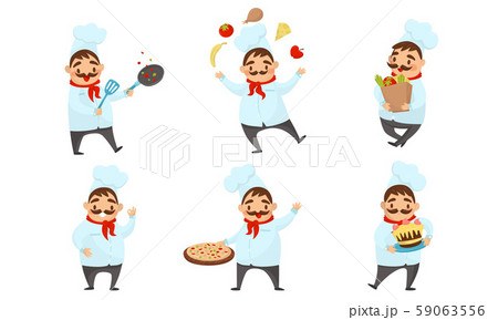 Cute Chef With Mustache Wearing Cook Uniform Vector Illustration Set 59063556